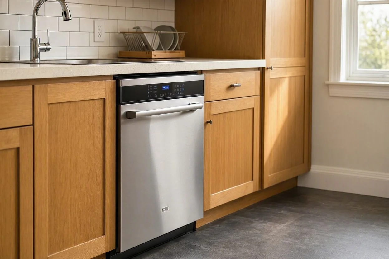 Open dishwasher loaded with clean dishes in a fitted kitchen