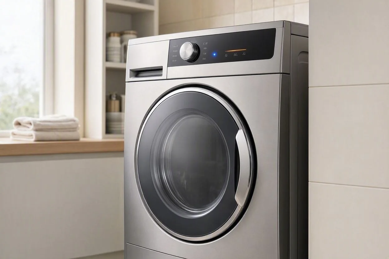 Clothes dryer beside a washer in a tidy laundry room