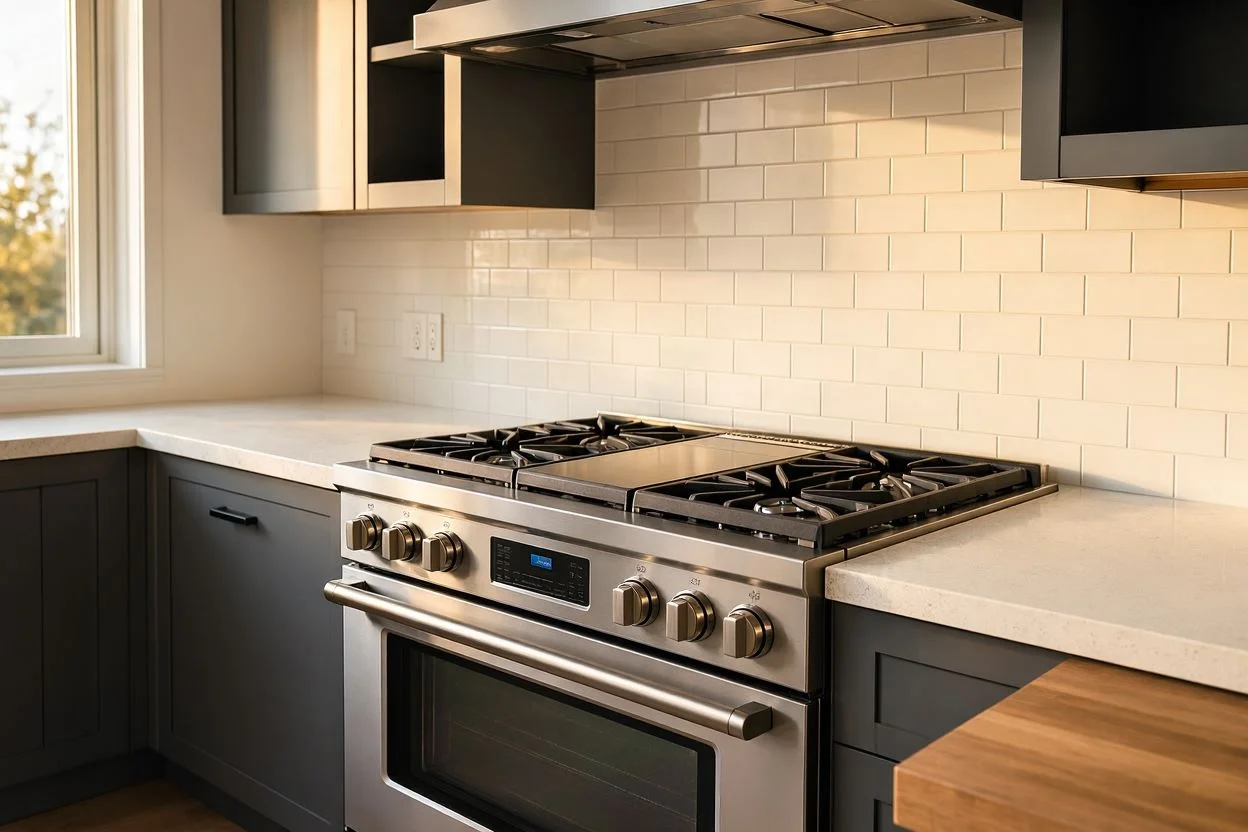 Professional stainless steel range in a modern kitchen