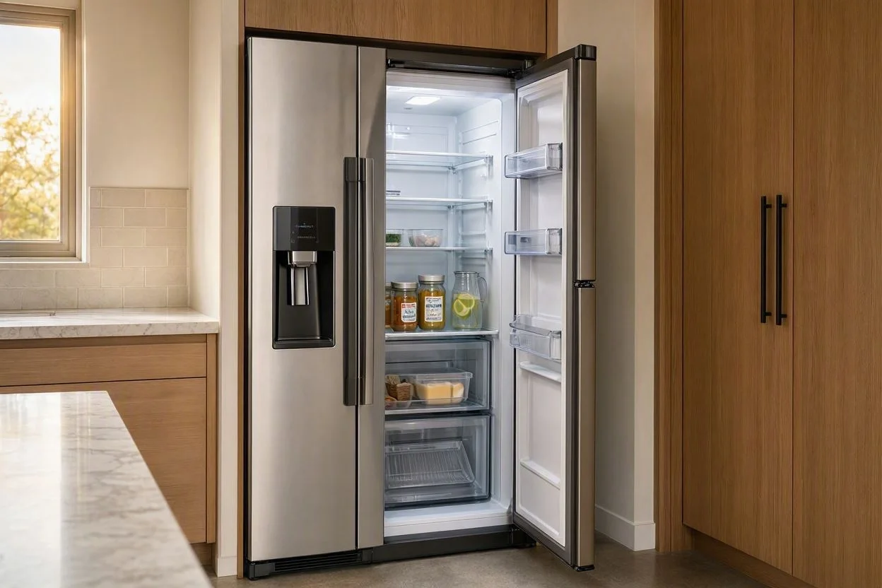 Stainless steel French door refrigerator in a bright kitchen