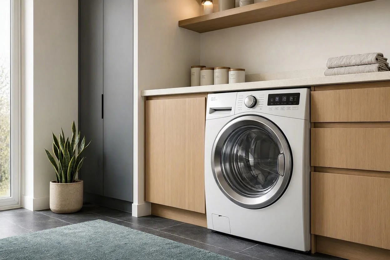 Front-load washing machine in a bright home laundry room